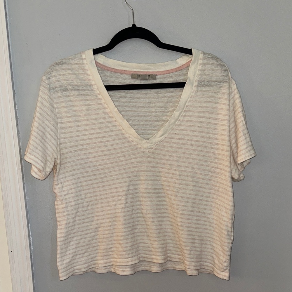 All Saints Cream and Pink Striped V-Neck Tee